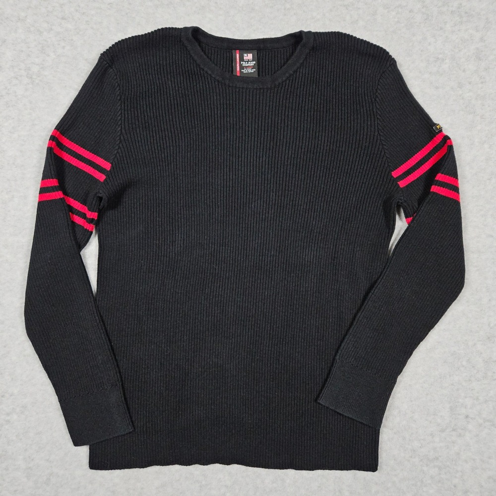 Polo Jeans Co Ralph Lauren Mens XL Black Sweater Ribbed Knit Red Stripe Pullover